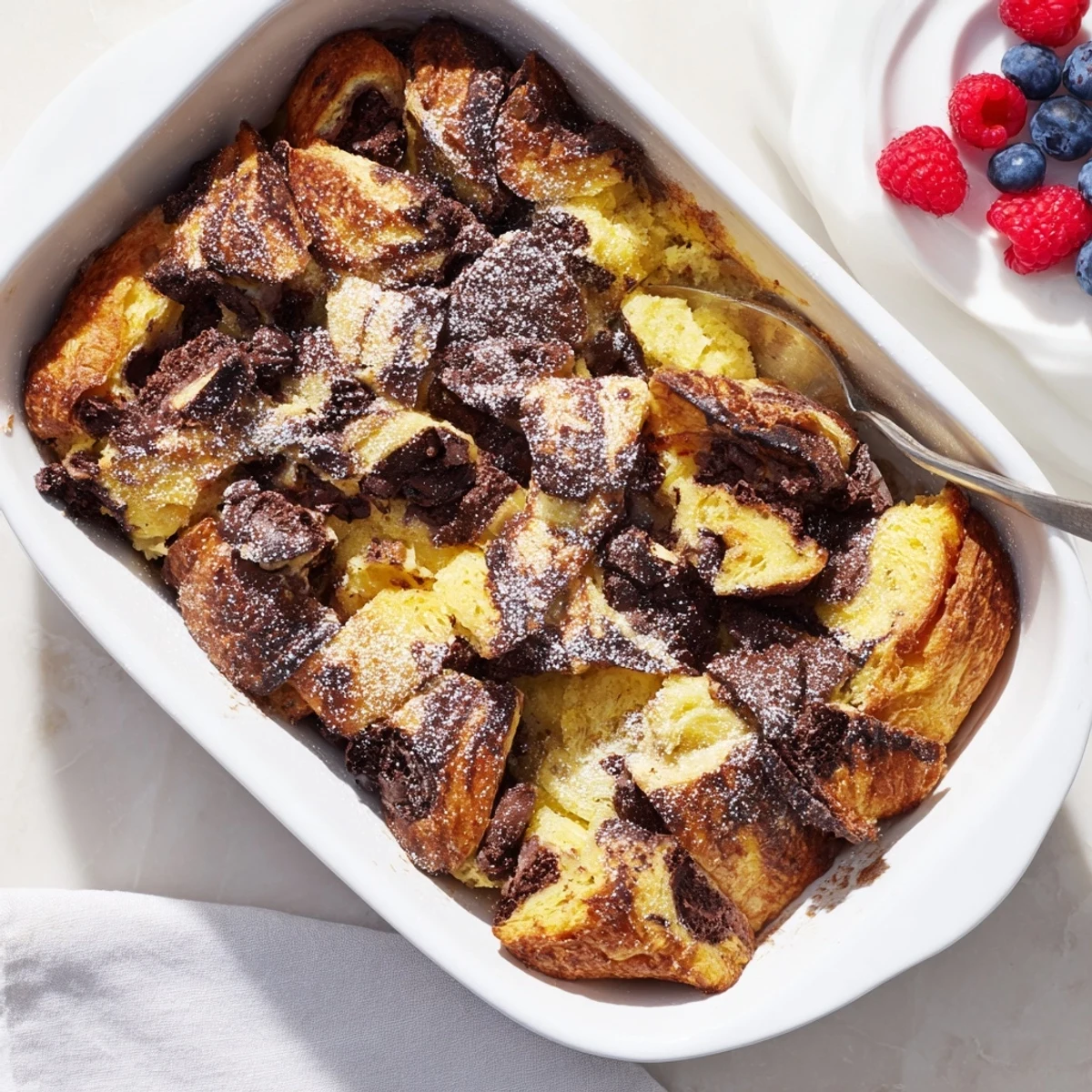 Golden chocolate croissant breakfast bake with melted chocolate chips and custard-soaked pastry layers