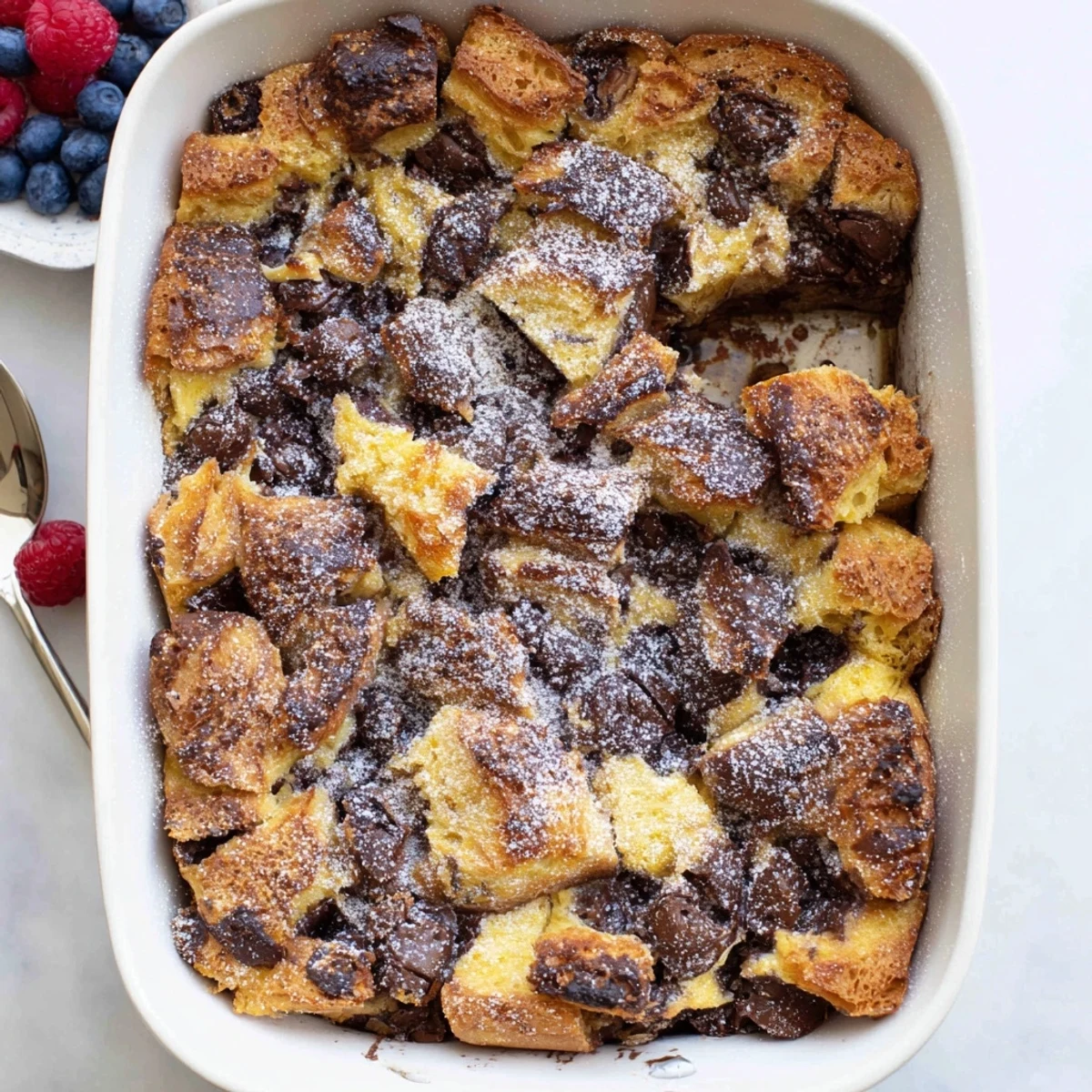 Buttery croissant pieces baked in rich vanilla custard with semi-sweet chocolate chunks throughout