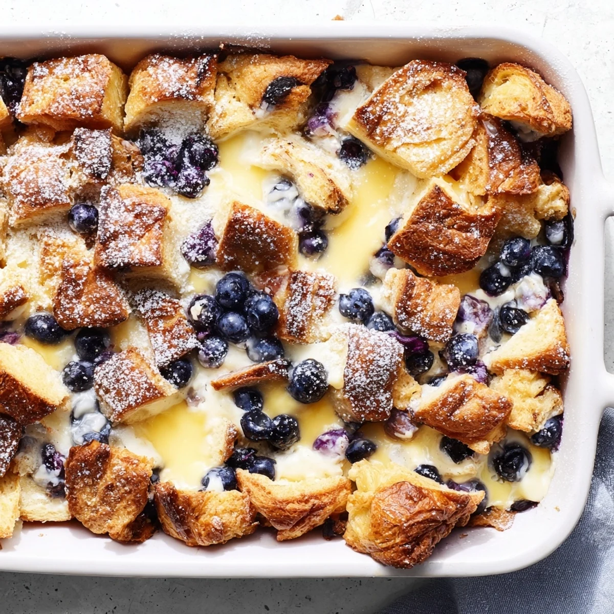Golden blueberry cream cheese croissant casserole baked to buttery perfection with juicy fruit bursting through layers