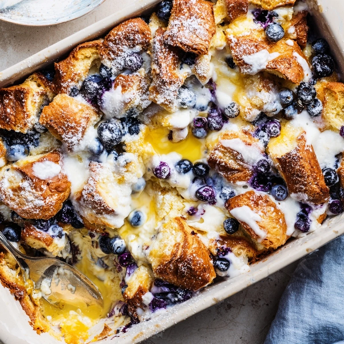 Warm breakfast casserole featuring flaky croissants, tangy cream cheese swirls, and sweet blueberries dusted with powdered sugar