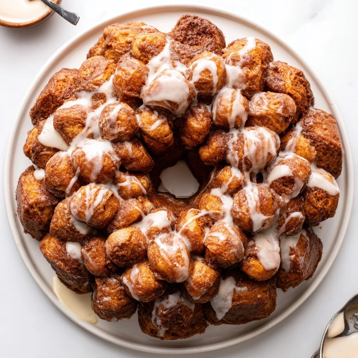 Golden high protein no sugar monkey bread with cinnamon coating drizzled with vanilla yogurt glaze