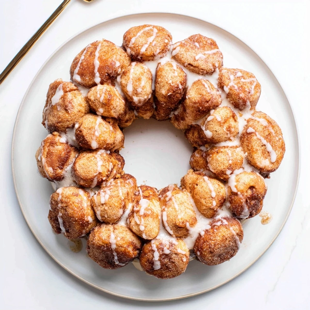 Pull-apart high protein no sugar monkey bread sprinkled with cinnamon and sweet glaze on serving plate