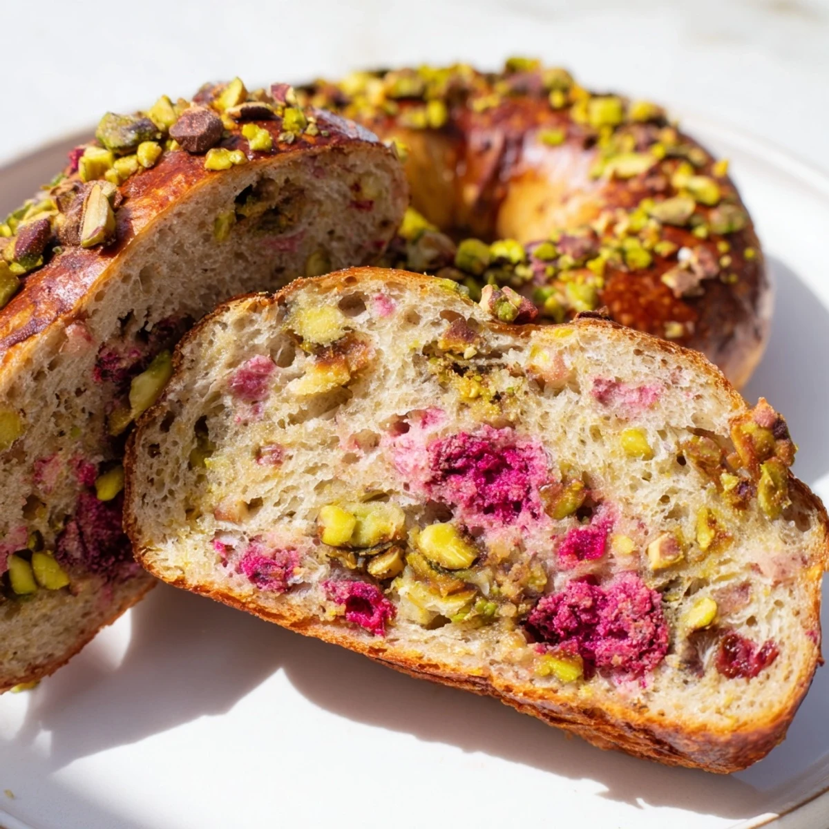 Freshly baked raspberry pistachio sourdough bagels topped with nuts and raspberry pieces on a wooden board
