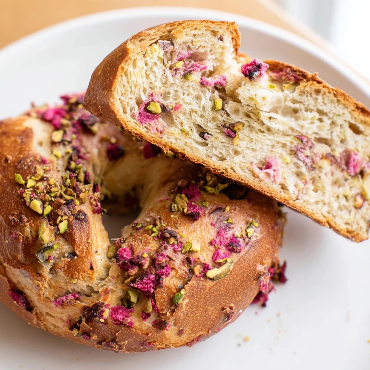Golden brown raspberry pistachio sourdough bagels sliced open revealing colorful raspberry and pistachio chunks throughout the chewy crumb