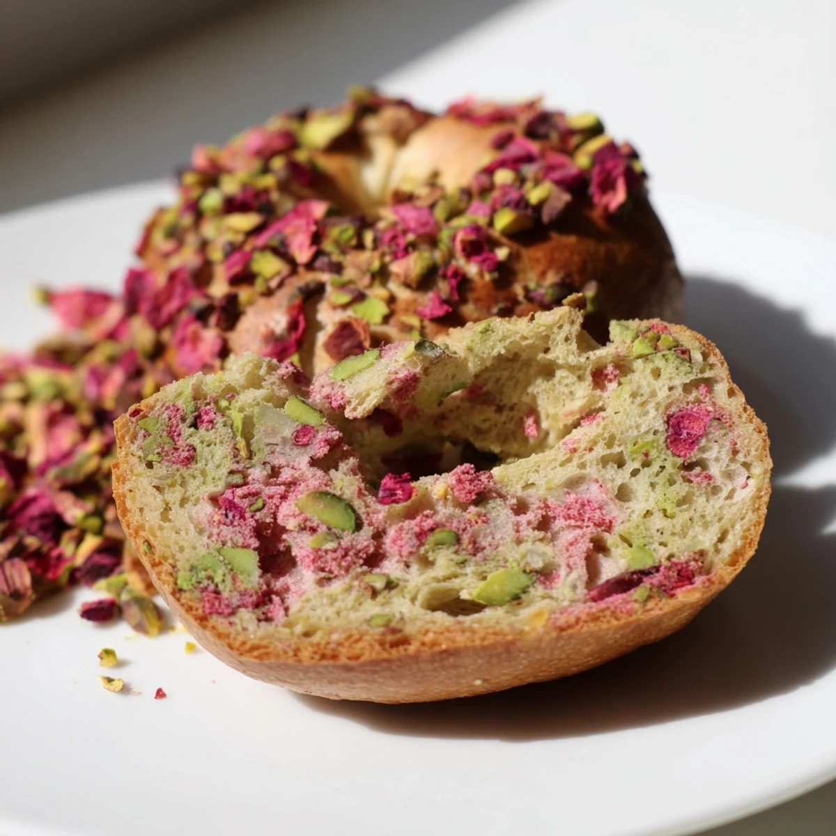 Steaming hot raspberry pistachio sourdough bagels arranged on a wire cooling rack with pistachio and fruit toppings visible