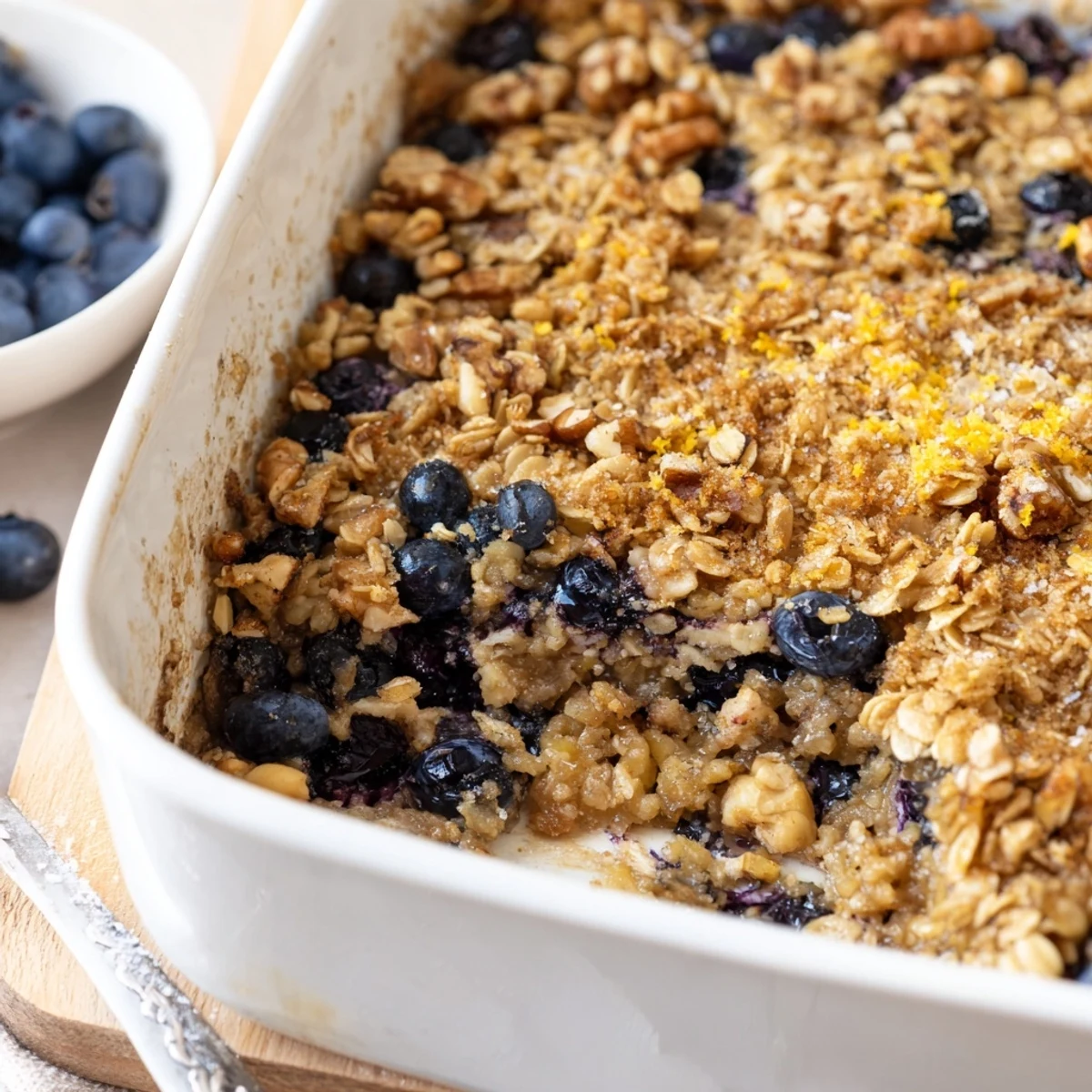 Golden lemon blueberry baked oatmeal sprinkled with brown sugar and fresh berries