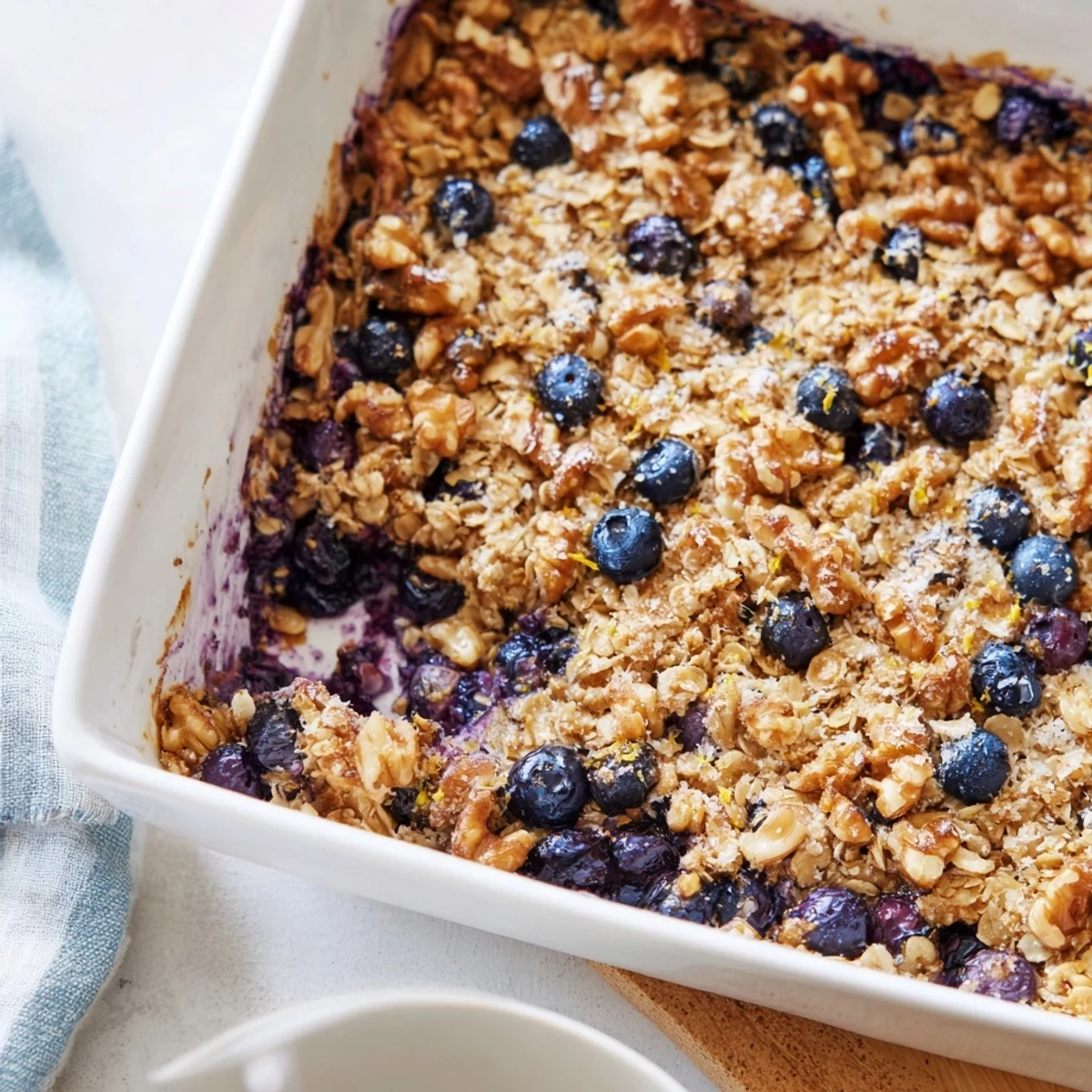 Baked oatmeal dish featuring tender oats, bright lemon zest, and plump blueberries