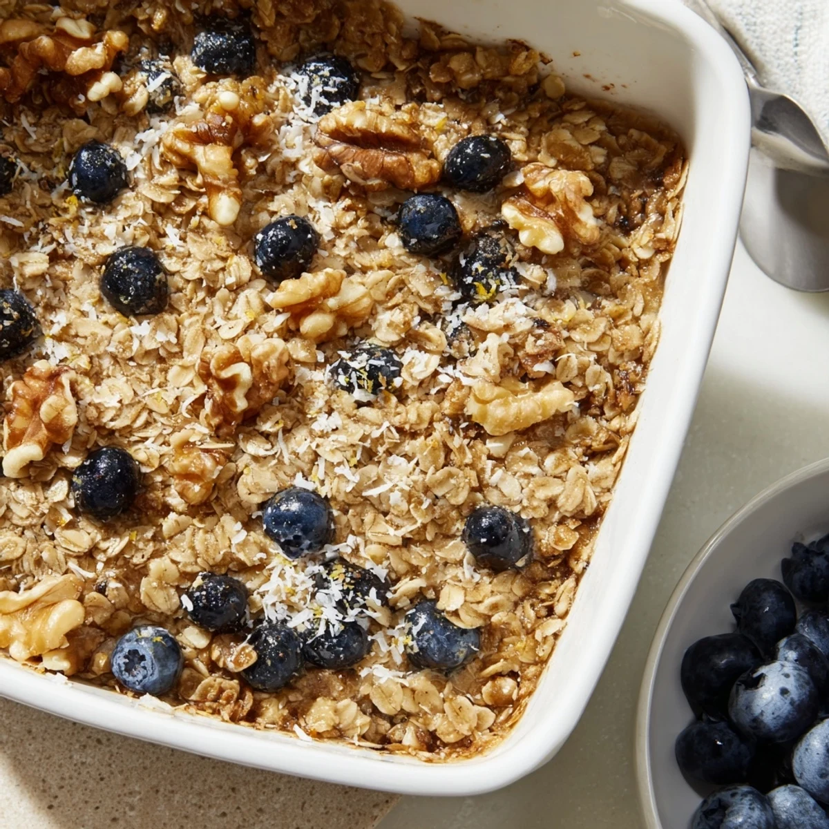 Warm slice of lemon blueberry baked oatmeal topped with juicy blueberry garnish