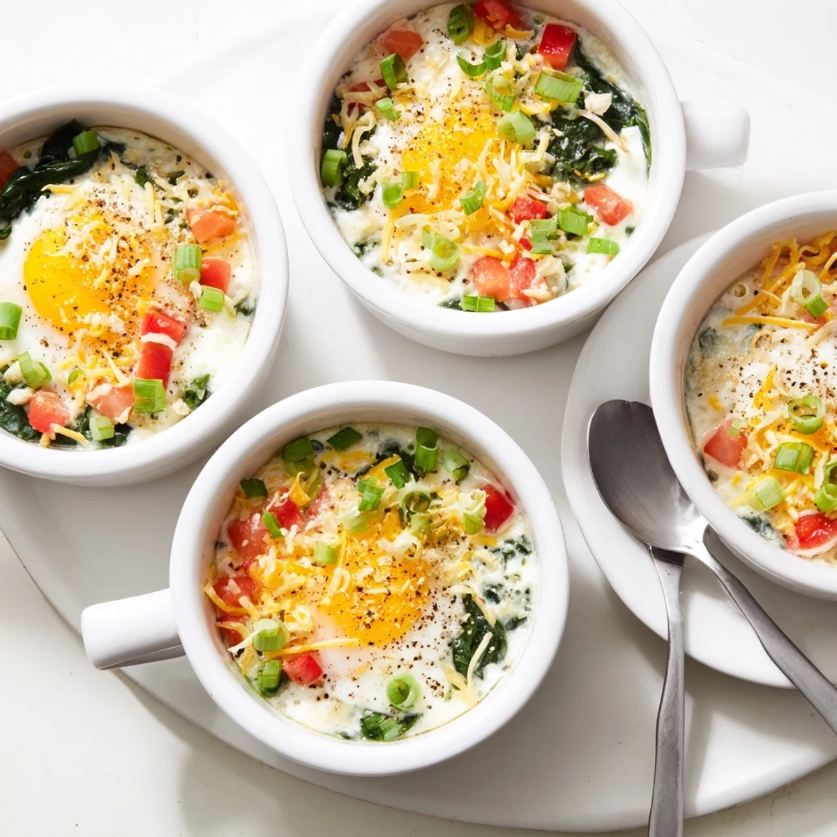 Golden baked cottage cheese eggs with melted cheese topping and fresh spinach in ramekins
