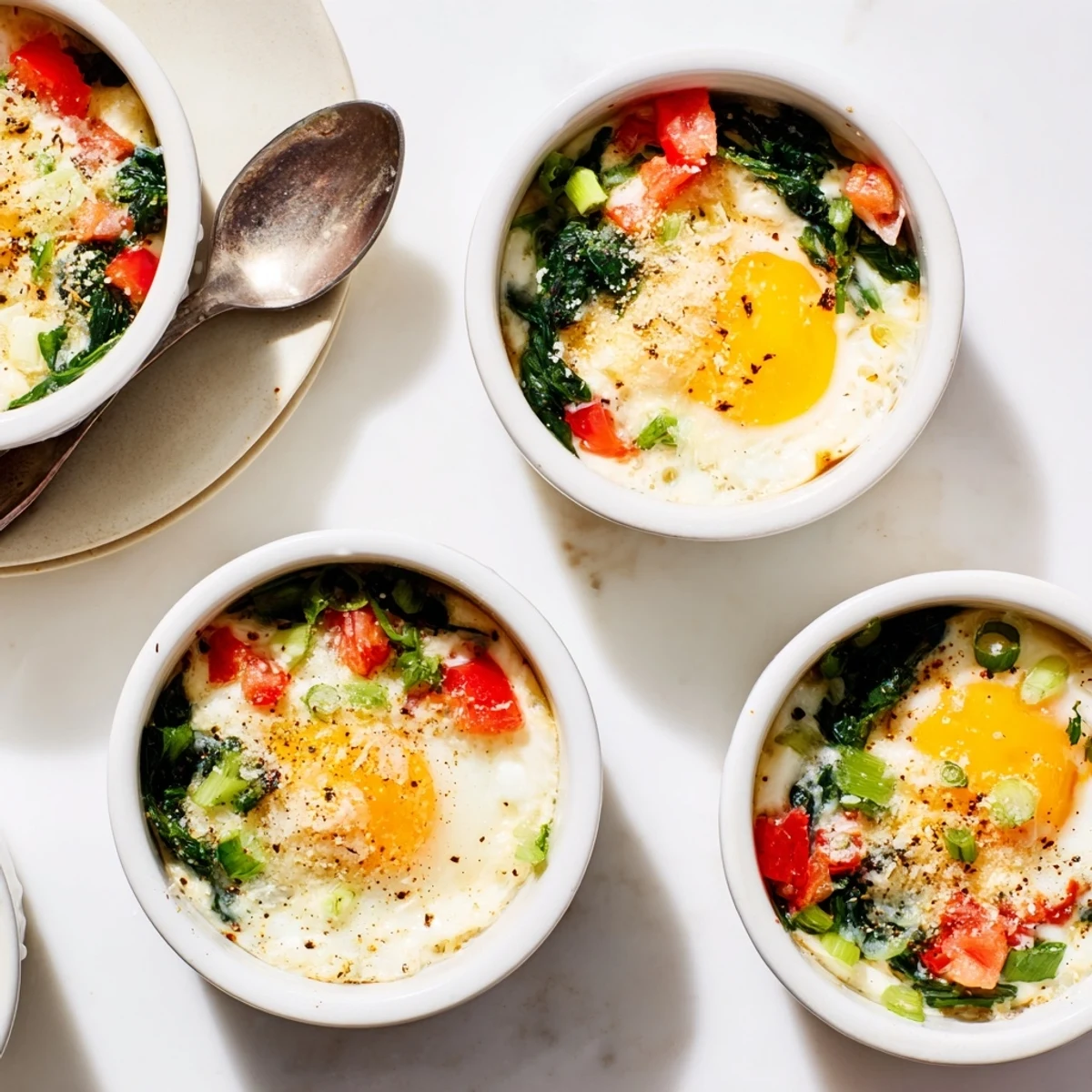 Wholesome breakfast of baked cottage cheese eggs with scallions and paprika served hot from oven