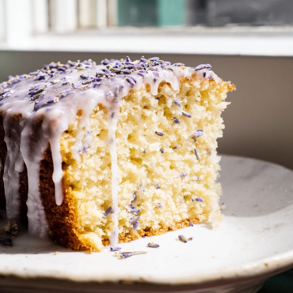 Lavender cake with lemon glaze drizzled over a tender golden crumb flecked with purple buds