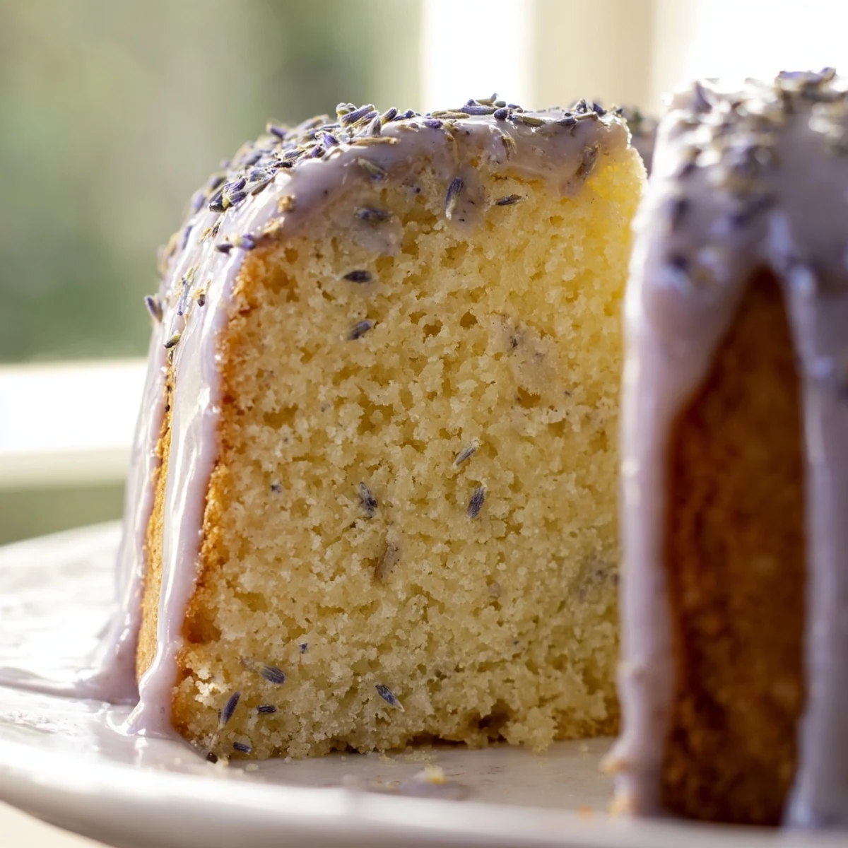 A slice of fragrant lavender cake on a decorative plate for an elegant spring dessert