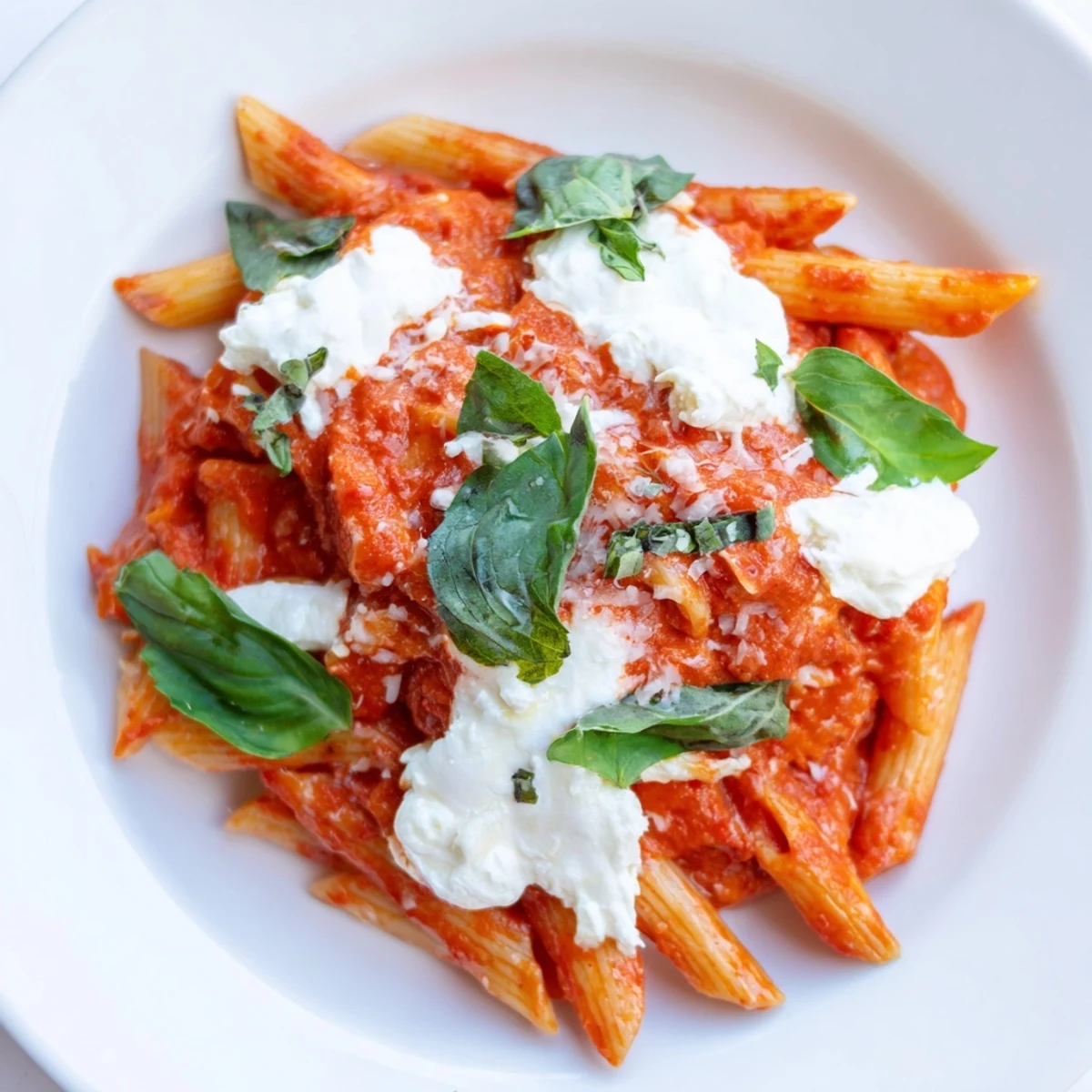 Creamy tomato garlic ricotta penne topped with fresh basil and grated Parmesan cheese