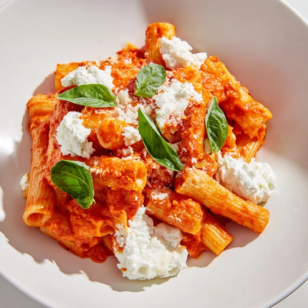 Tender penne pasta coated in rich tomato sauce with creamy ricotta and aromatic basil