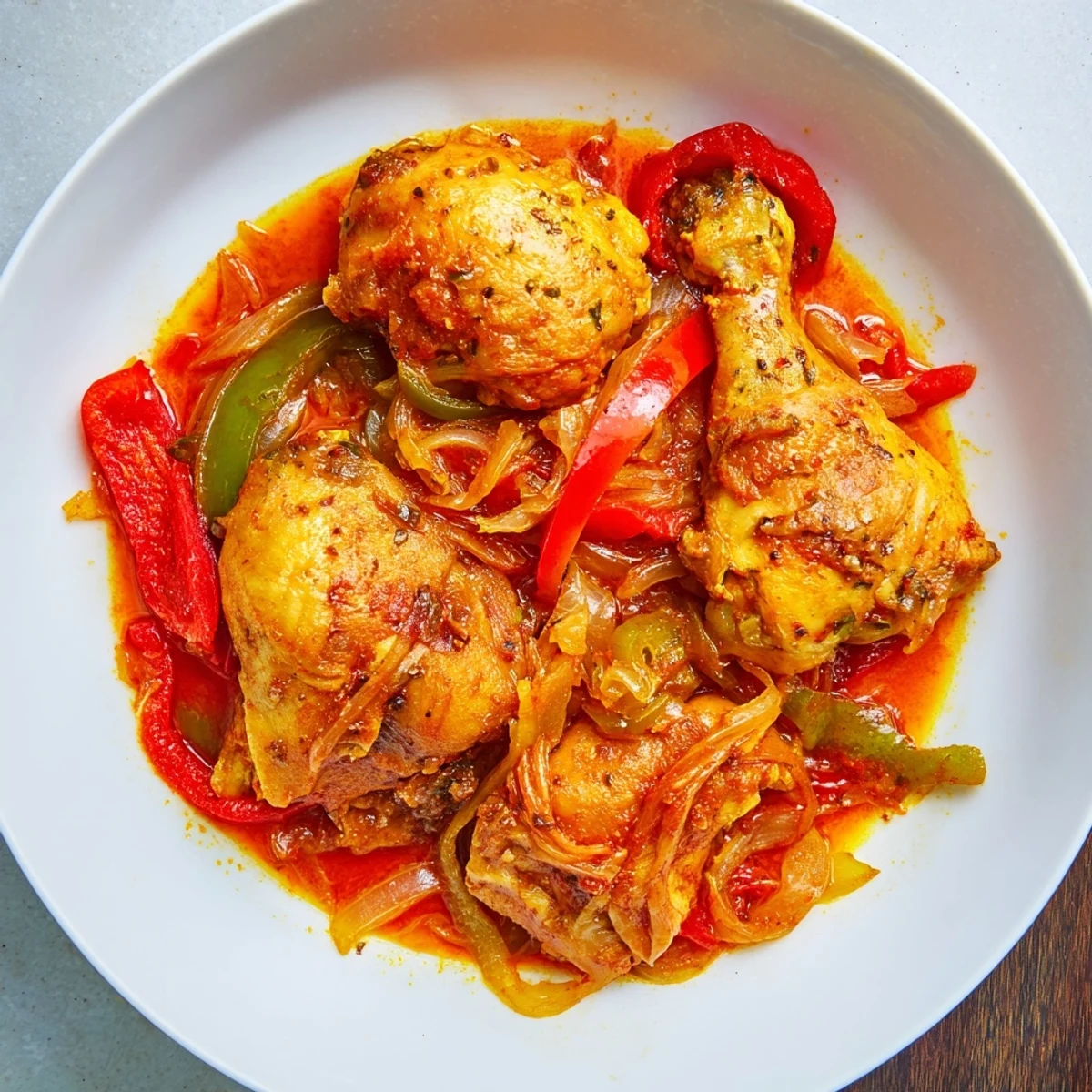 Tender Senegalese chicken simmered in rich tomato sauce with colorful bell peppers