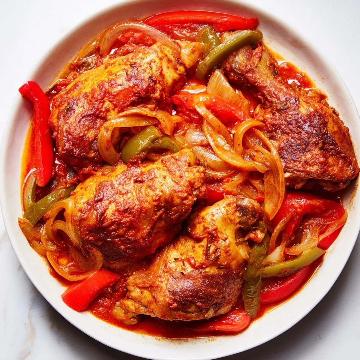 Golden brown Senegalese chicken pieces nestled in aromatic spiced onion and tomato stew