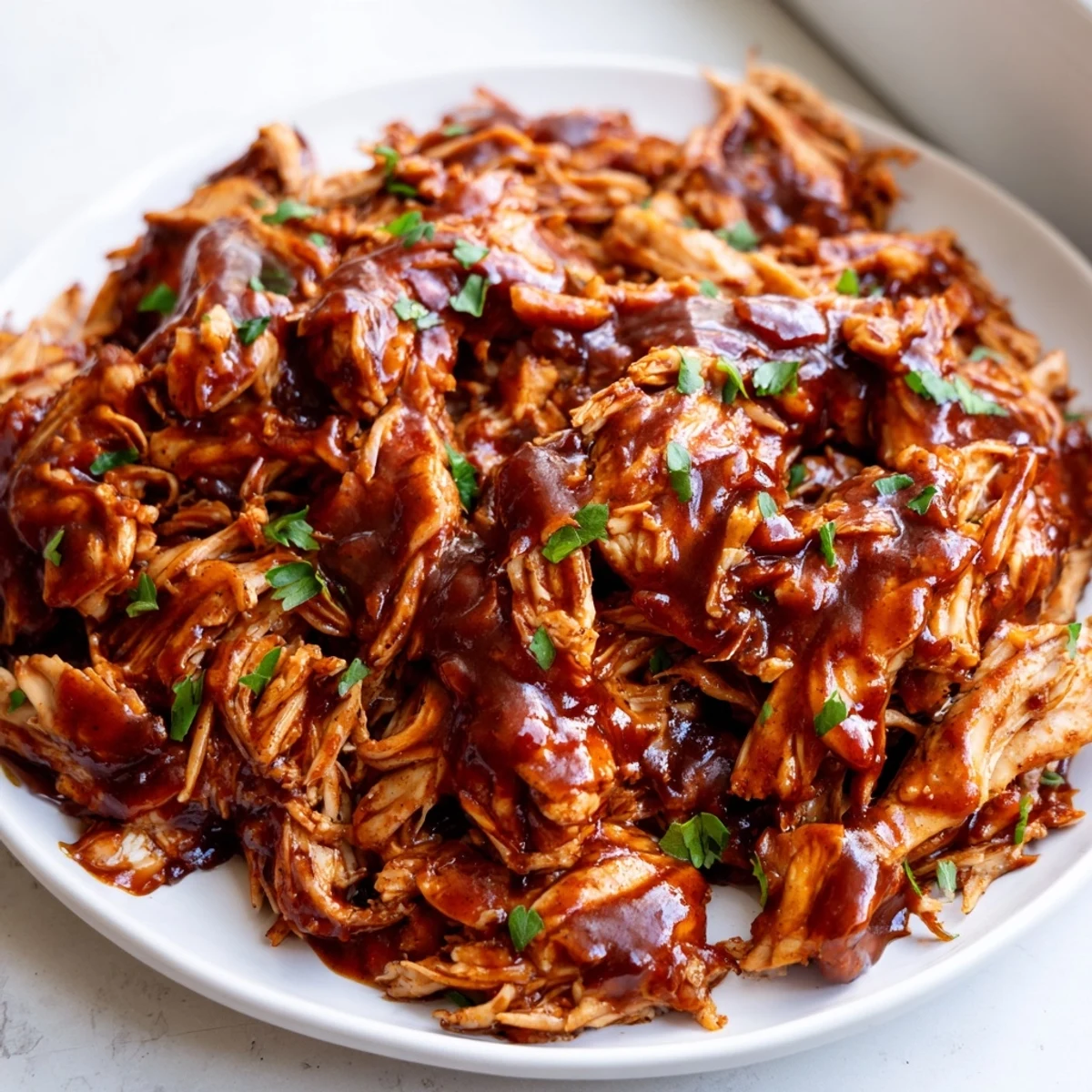 Tender Sweet Baby Ray's Crockpot Chicken glistening with rich barbecue sauce on a white plate