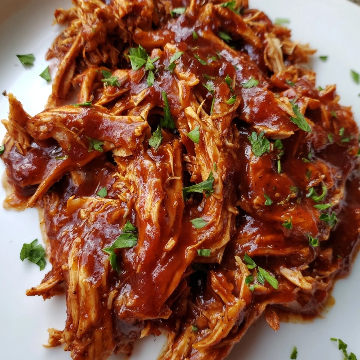 Savory Sweet Baby Ray's Crockpot Chicken shredded and coated in sticky, caramelized BBQ glaze
