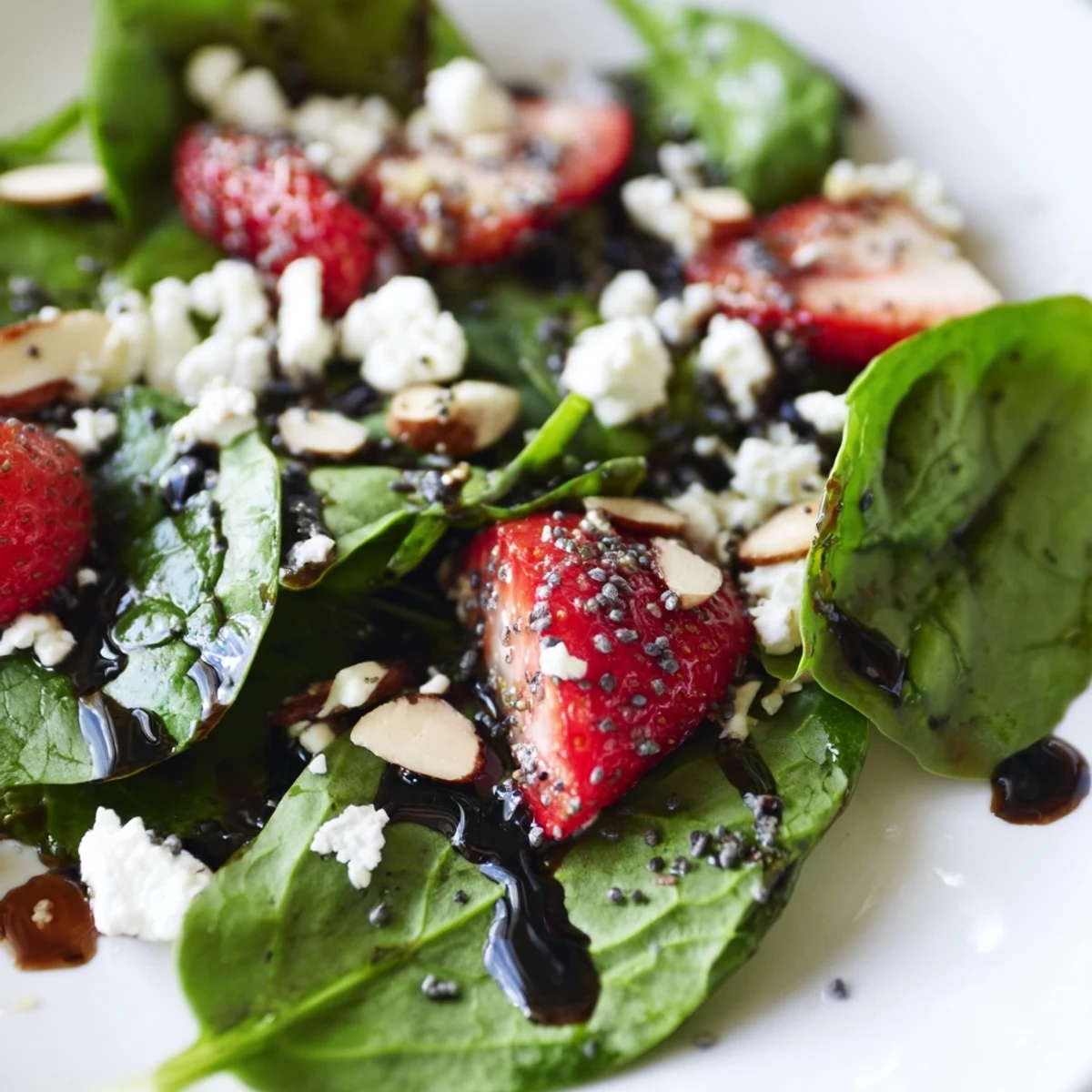 Fresh Strawberry Spinach Salad topped with crumbled feta and toasted almonds in bowl