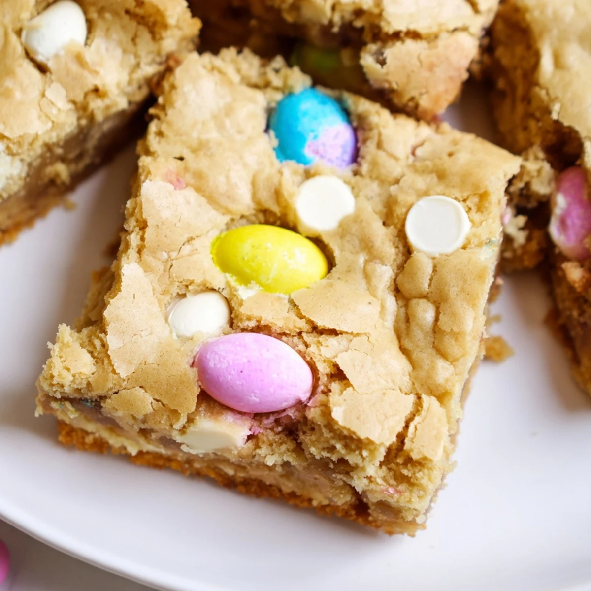 Chewy Mini Cadbury Easter Egg Blondies with colorful candy pieces scattered throughout golden bars