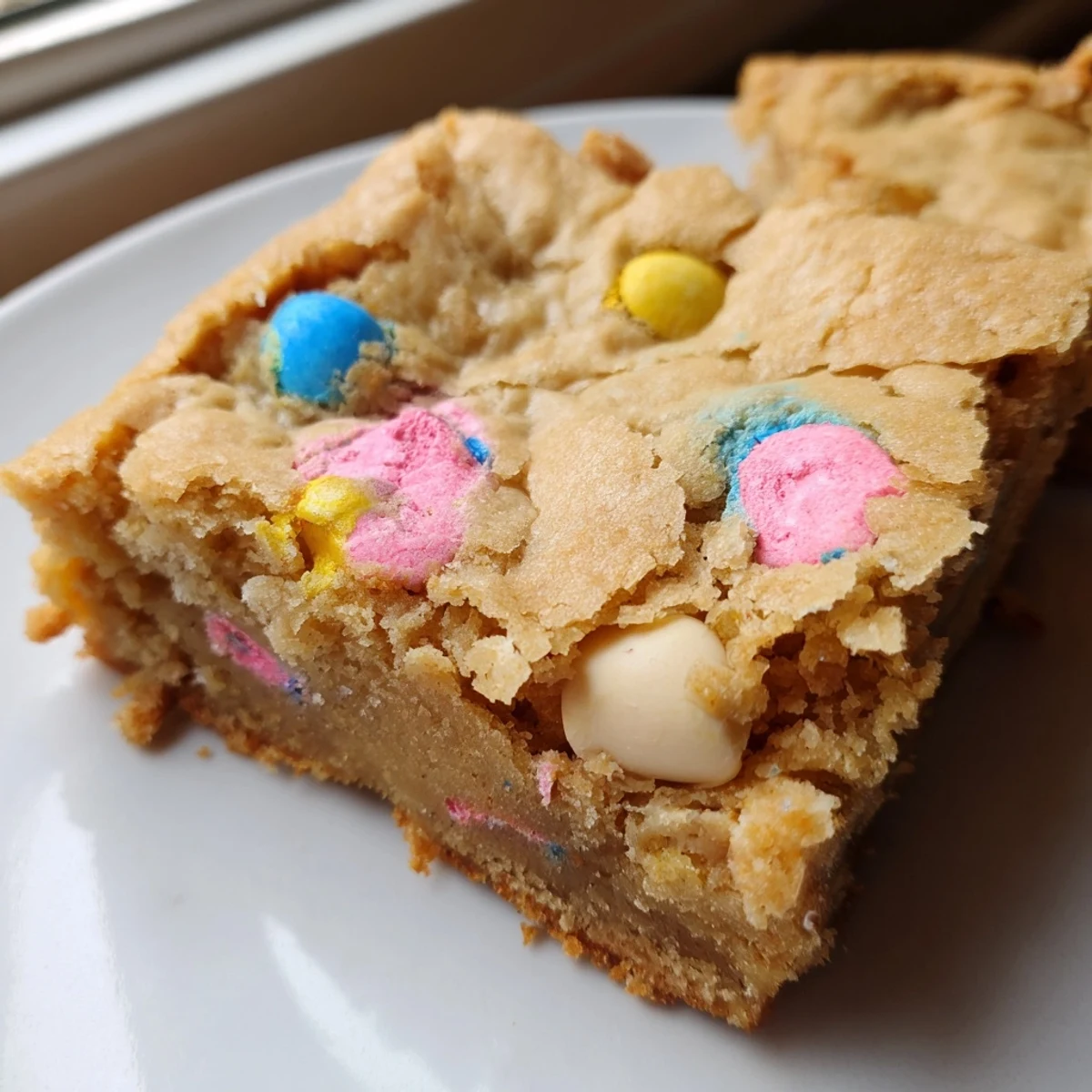 Golden Mini Cadbury Easter Egg Blondies studded with white chocolate chips on rustic surface