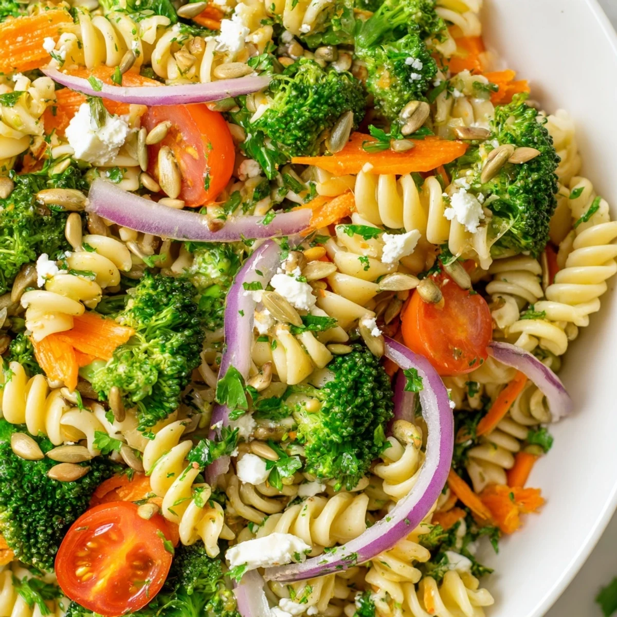 Fresh broccoli pasta salad in a white bowl topped with crumbled feta and toasted sunflower seeds