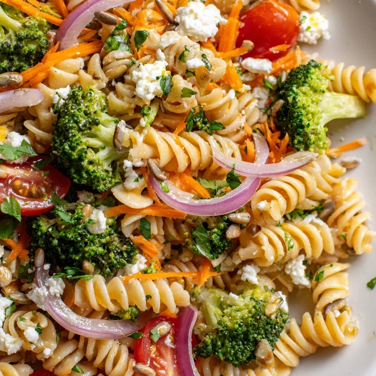 Crisp colorful broccoli pasta salad tossed with cherry tomatoes and zesty lemon herb dressing