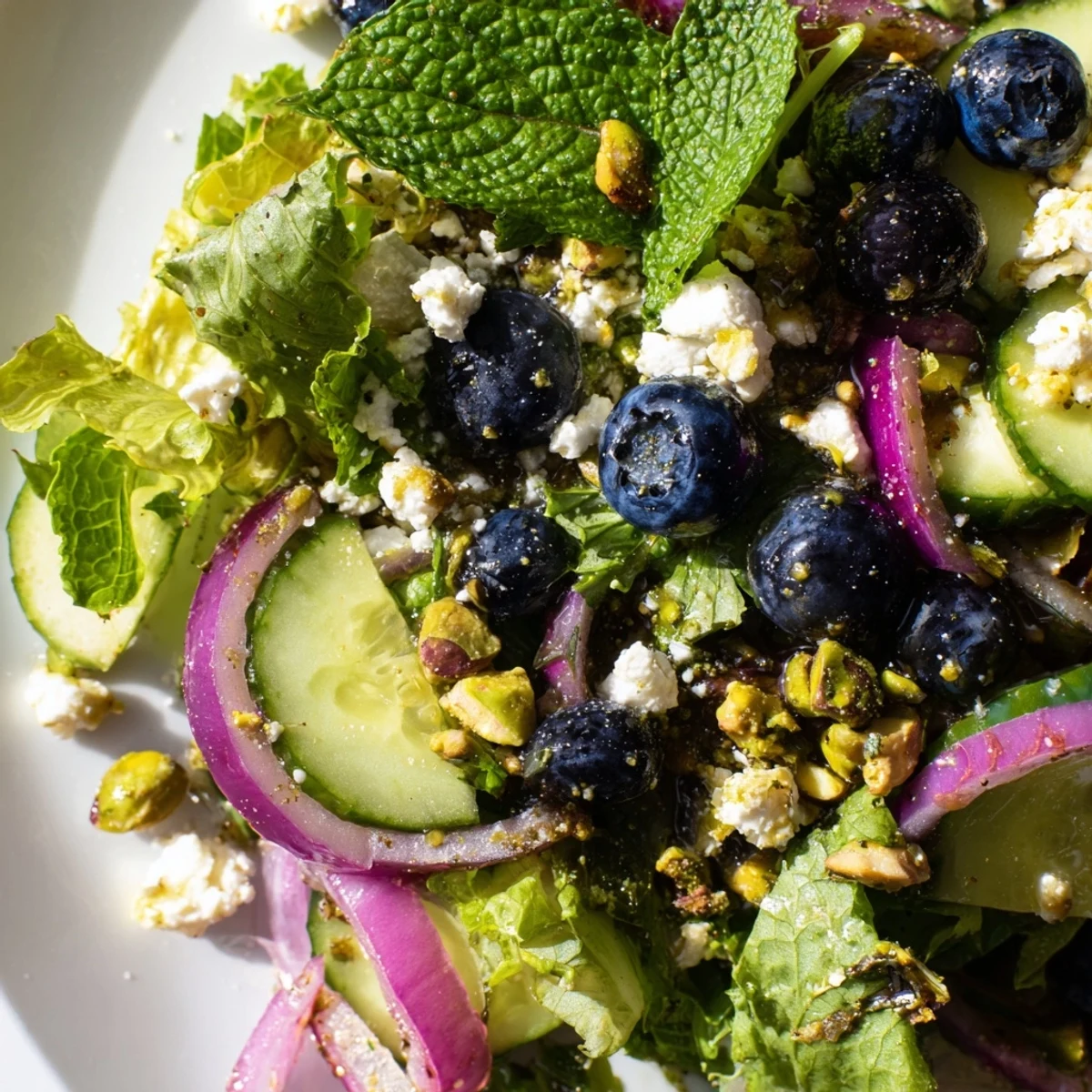 Blueberry Pistachio Spring Salad topped with crumbled feta and fresh mint leaves
