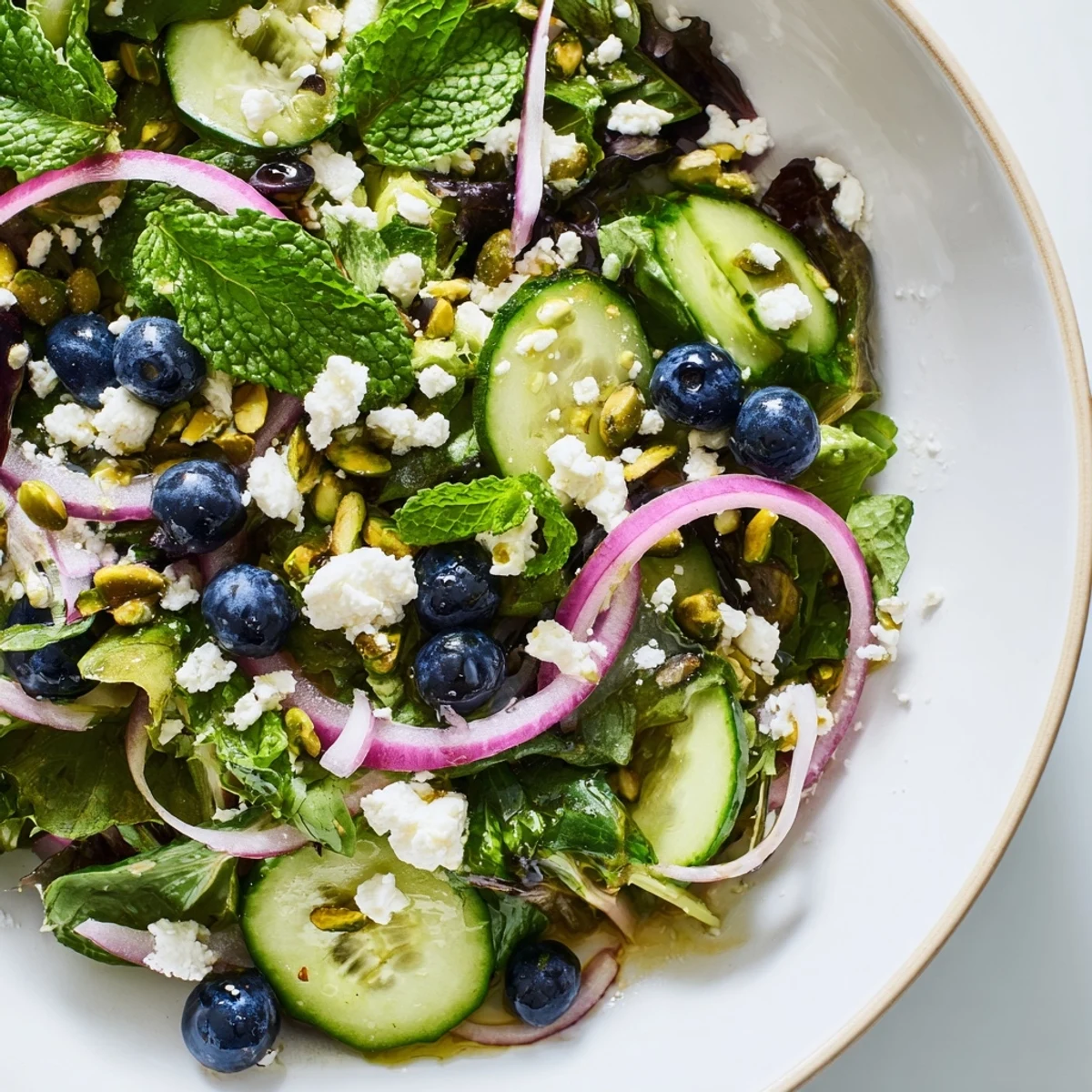 Colorful Blueberry Pistachio Spring Salad drizzled with tangy lemon honey vinaigrette dressing