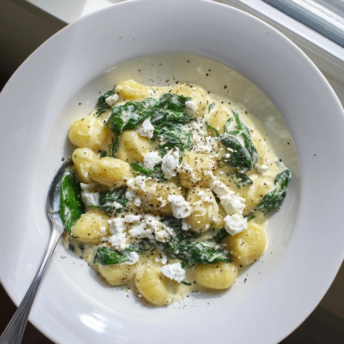 Creamy gnocchi with spinach and feta topped with crumbled cheese in white sauce