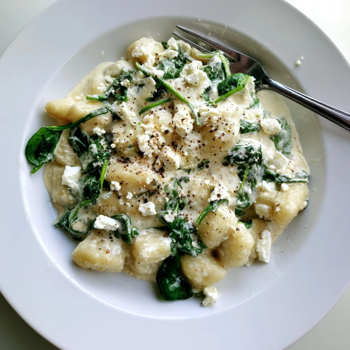 Tender potato gnocchi with spinach and feta glistening in rich cream sauce