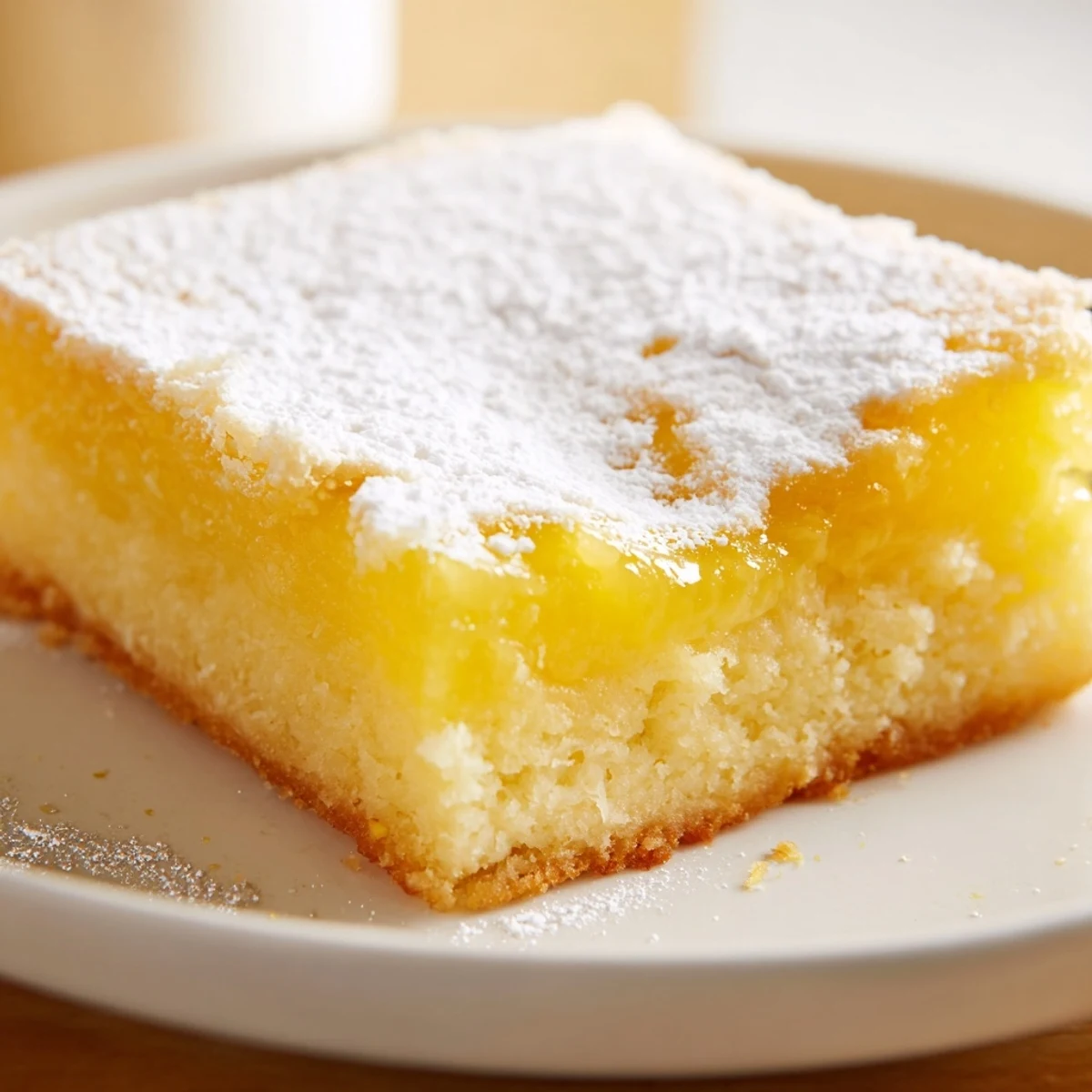 Golden Lemon Gooey Butter Cake squares dusted with powdered sugar on a white ceramic plate