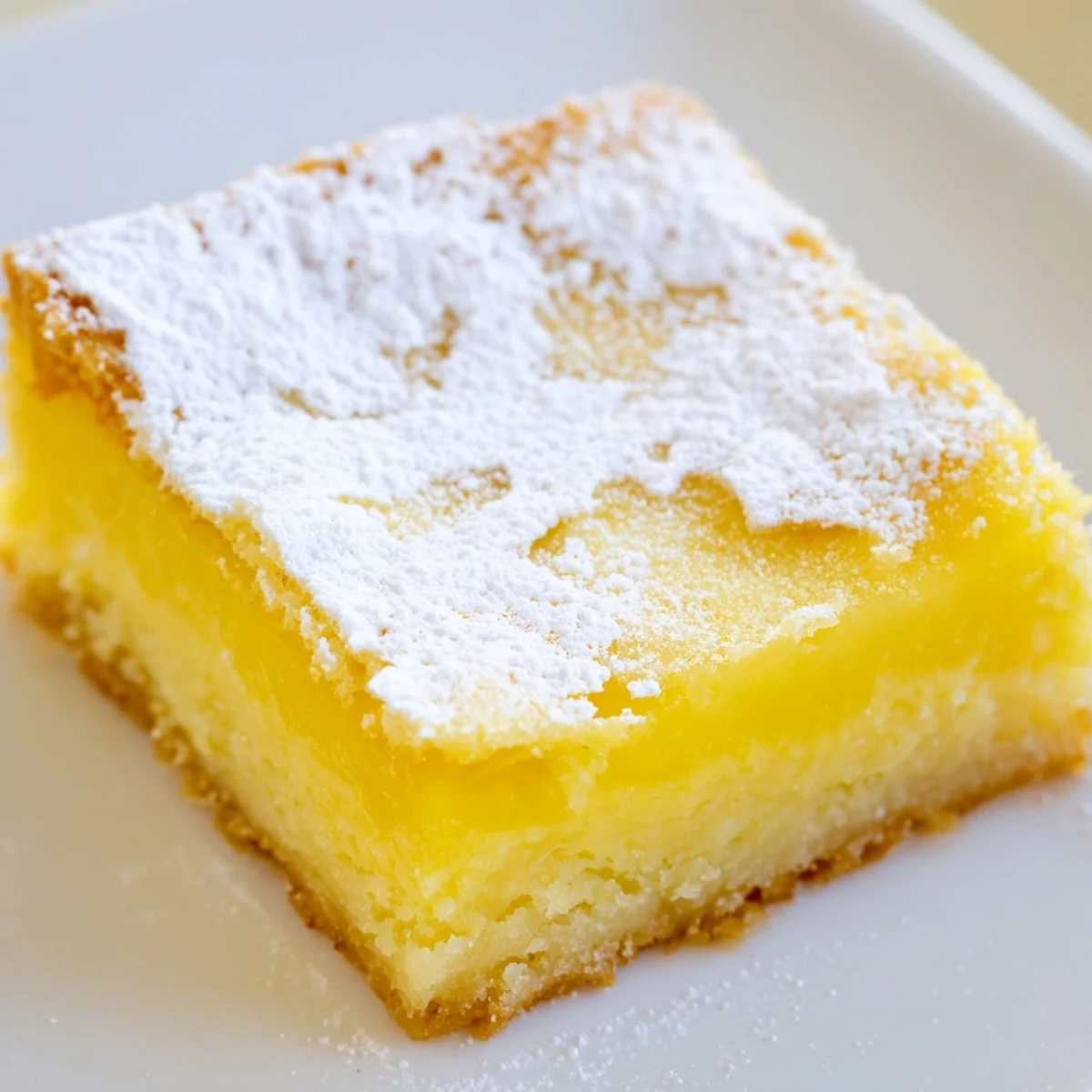Creamy Lemon Gooey Butter Cake with bright yellow filling and golden crust cut into squares