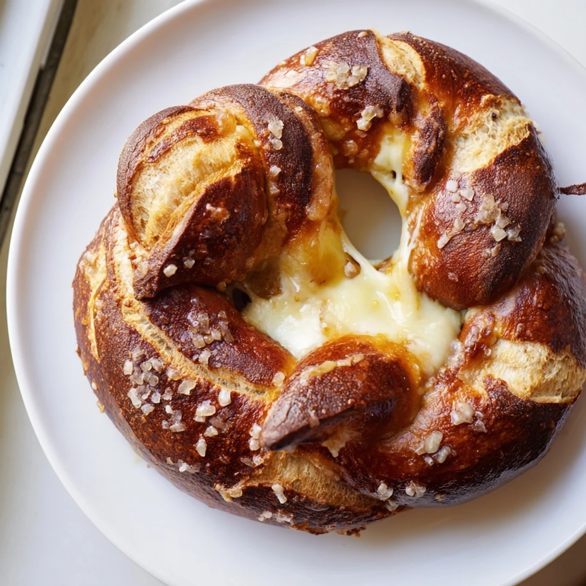 Golden brown mozzarella stuffed soft pretzels with melty cheese oozing from the twisted dough