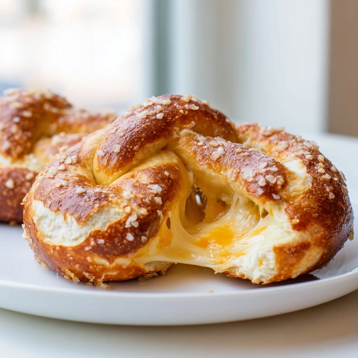 Warm mozzarella stuffed soft pretzels sprinkled with coarse salt on a rustic baking sheet