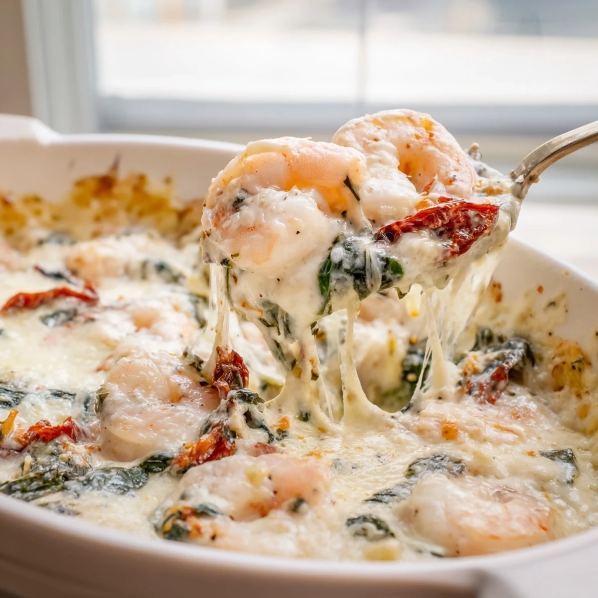 Creamy Low Carb Shrimp Tuscan Bake with bubbling mozzarella in a rustic white baking dish
