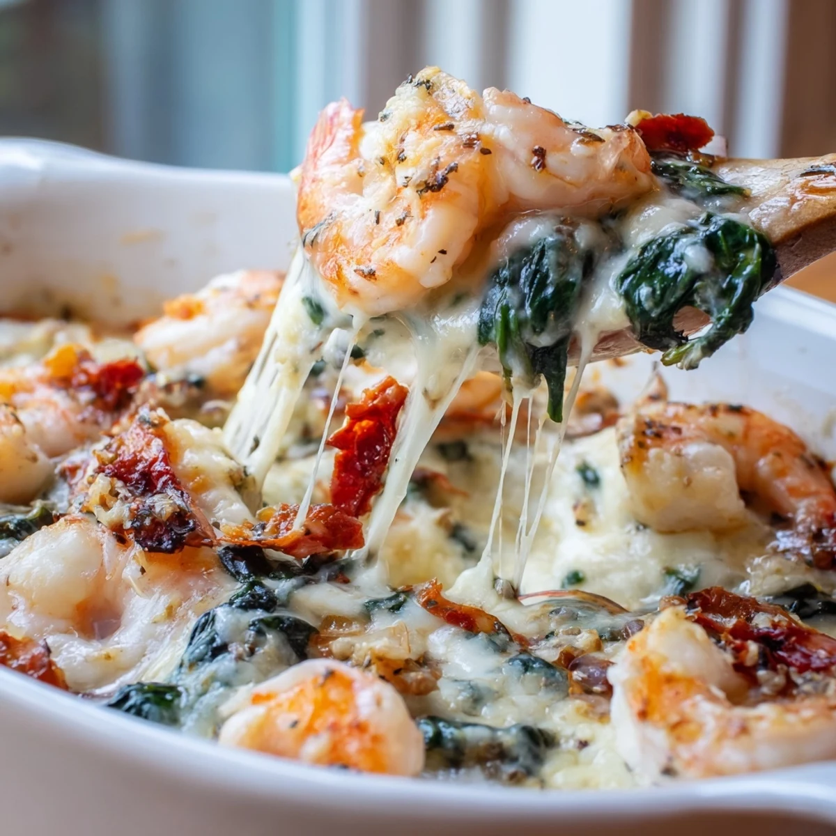 Golden baked Low Carb Shrimp Tuscan Bake topped with melted cheese and sun-dried tomatoes