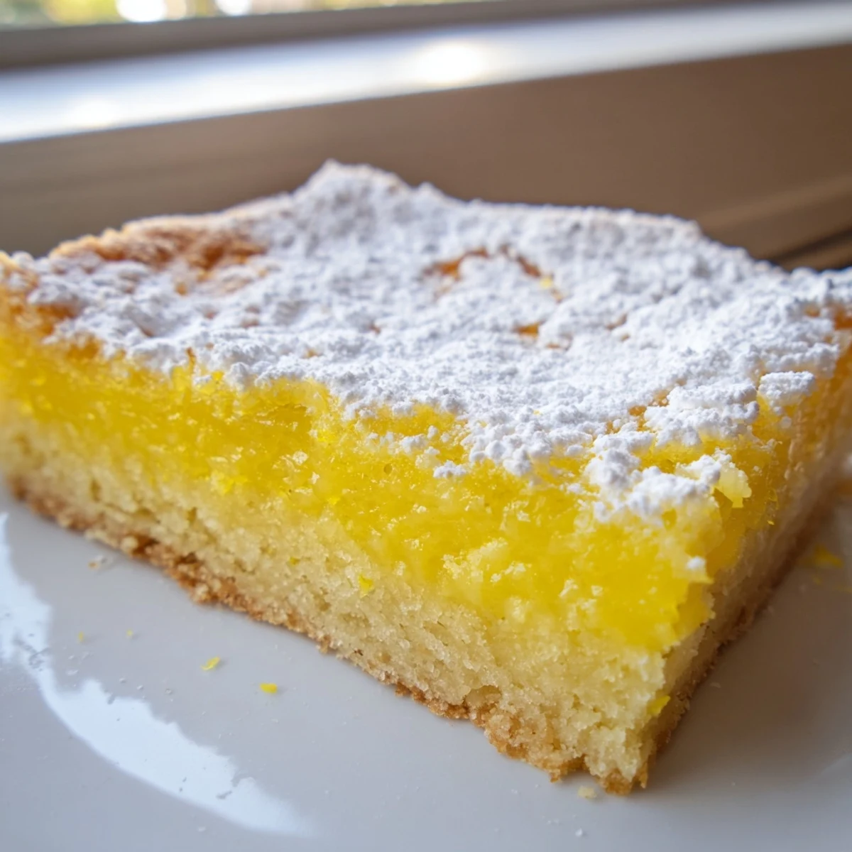 Golden lemon bars with powdered sugar dusting on a rustic cutting board