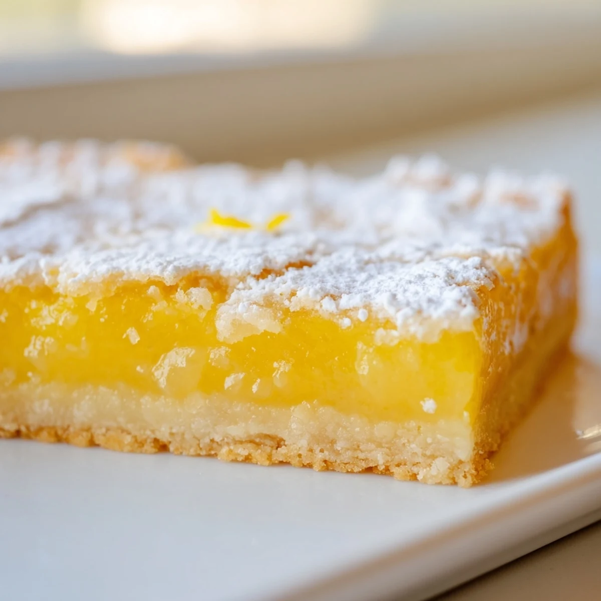 Freshly baked lemon bars sliced into neat squares and topped with powdered sugar