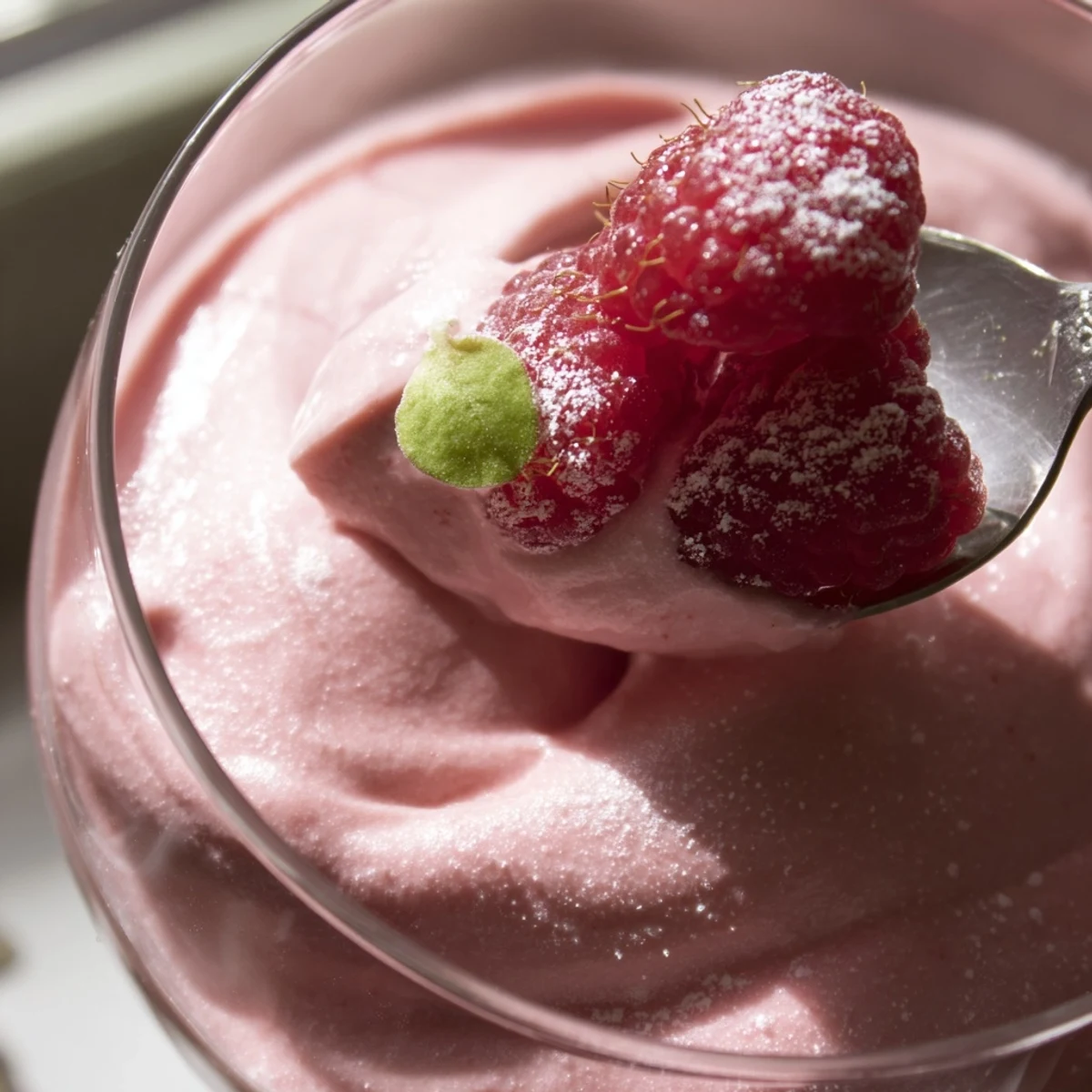 Fresh Raspberry Cloud Mousse in elegant glasses topped with bright red berries and mint leaves