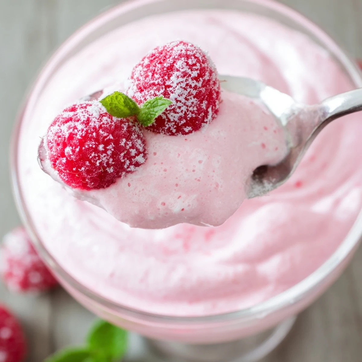 Silky pink Fresh Raspberry Cloud Mousse piped into crystal dessert cups with fresh fruit garnish