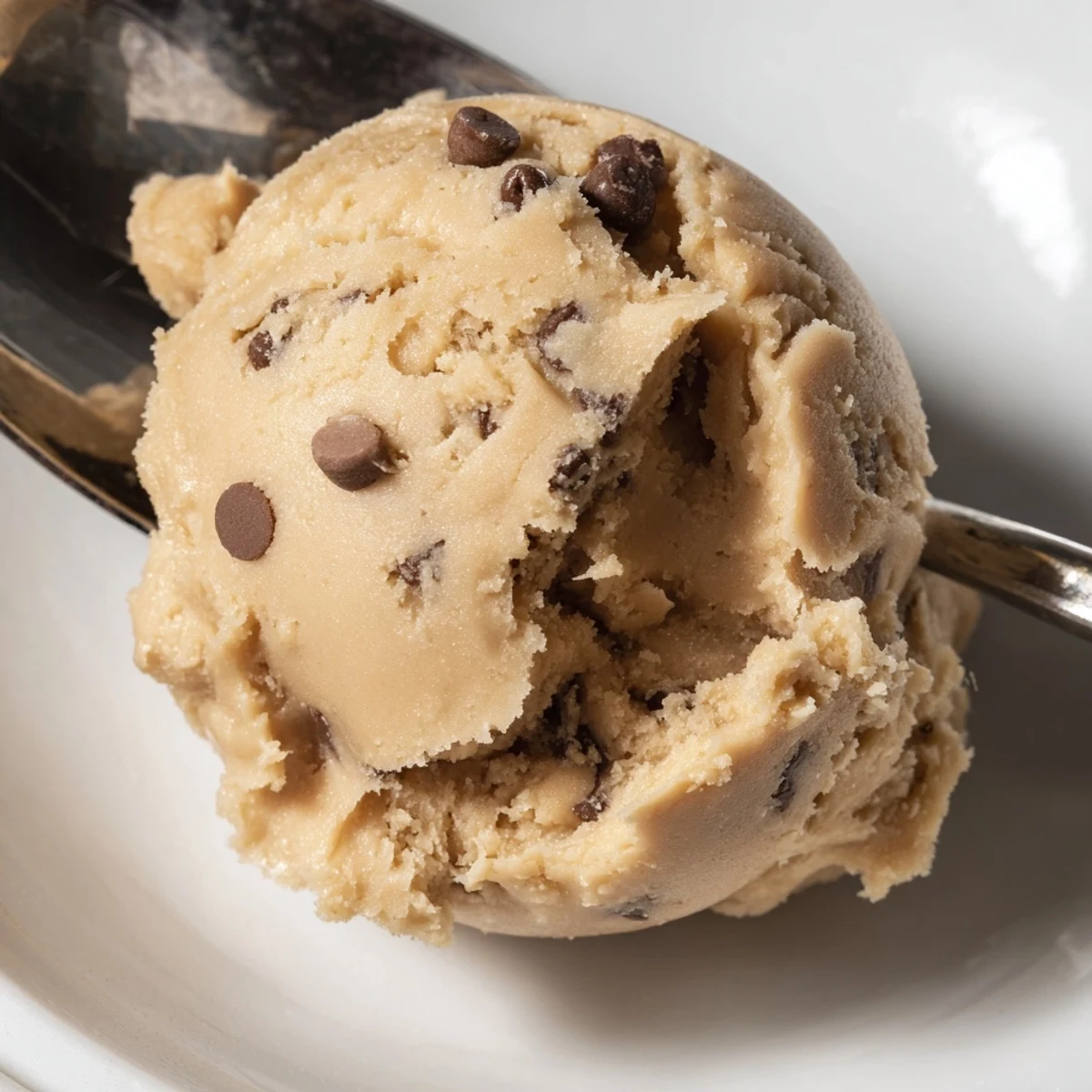 Creamy chocolate chip cookie dough scooped into balls with mini chocolate chips throughout