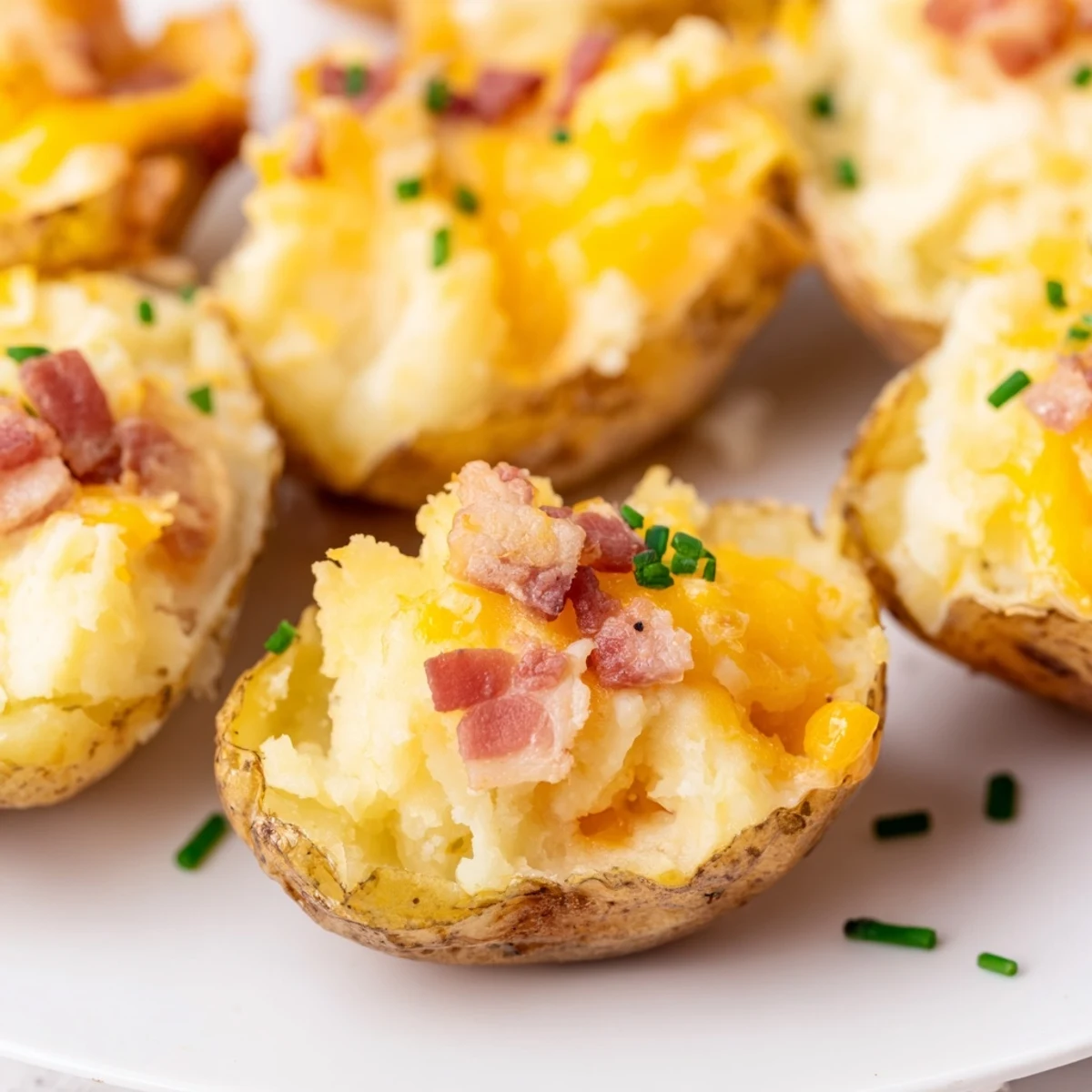 Golden Irish Potato Bites topped with melted cheddar and fresh chives on rustic parchment paper