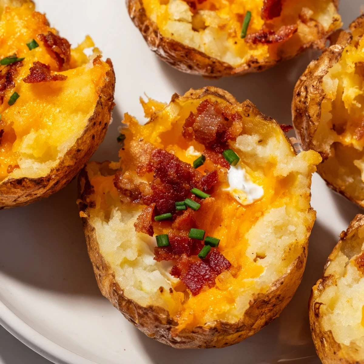 Crispy Irish Potato Bites filled with creamy bacon cheddar mixture arranged on white serving platter