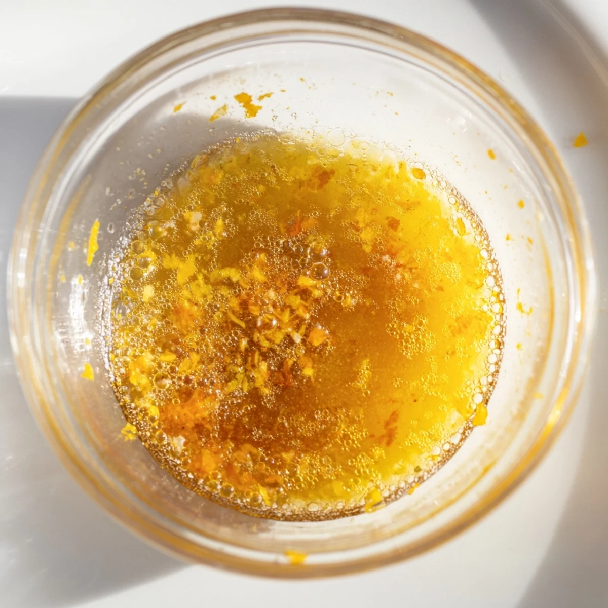 Golden citrus vinaigrette glistens in a glass jar beside fresh lemon and orange slices