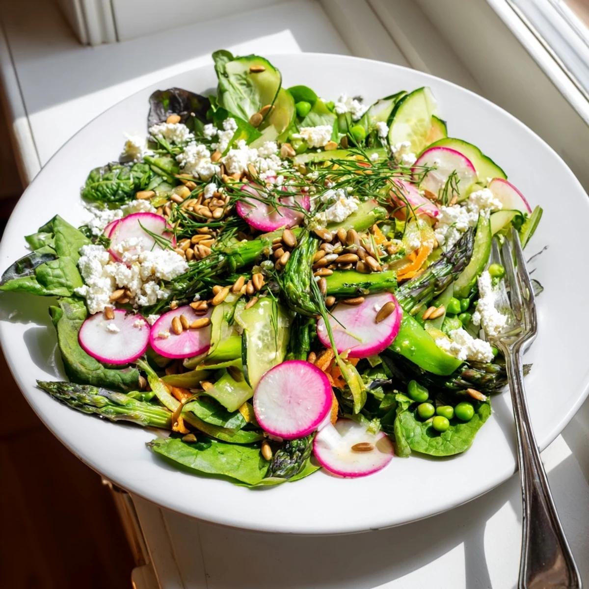 Bright Spring Salad with crisp greens, radishes, and tangy citrus dressing served on a white plate