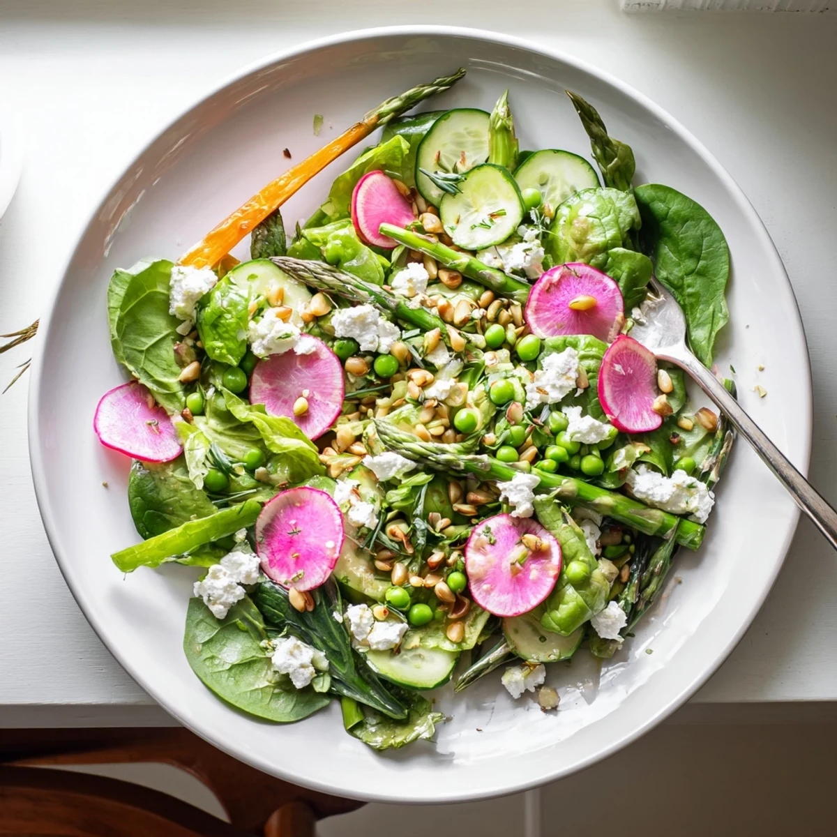 Fresh Bright Spring Salad featuring tender asparagus, shaved carrots, and peas glistening with lemon vinaigrette