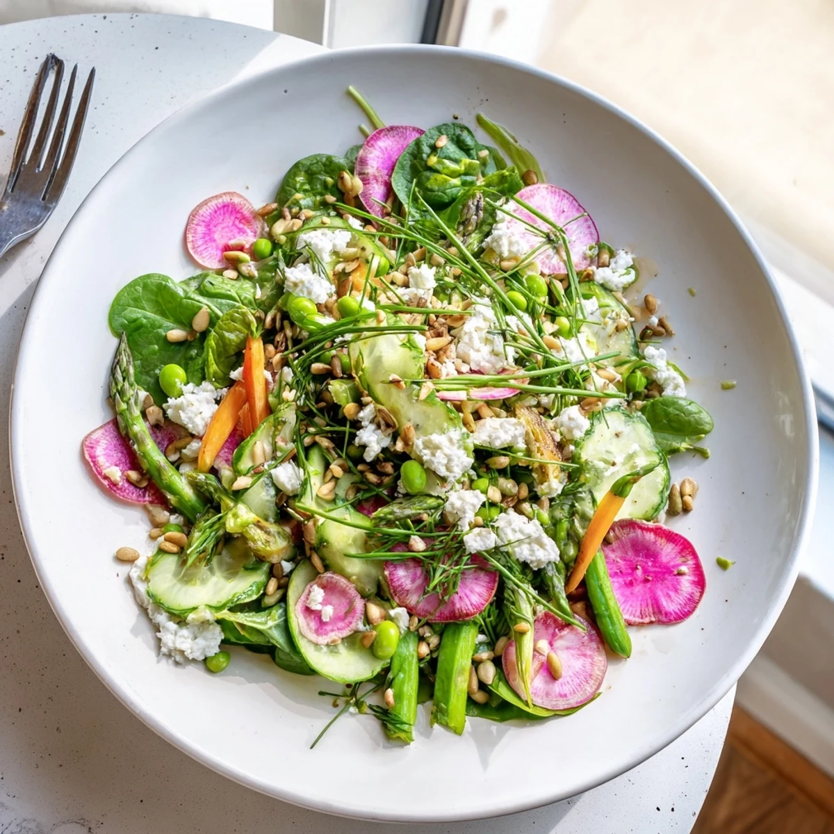 Colorful Bright Spring Salad topped with crumbled feta and toasted sunflower seeds in a wooden bowl