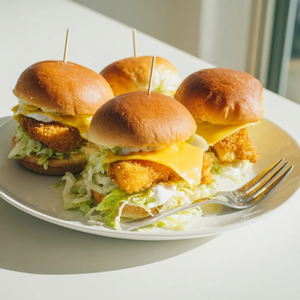 Crispy golden Filet O Fish Sliders with melted cheese and creamy tartar sauce on toasted buns