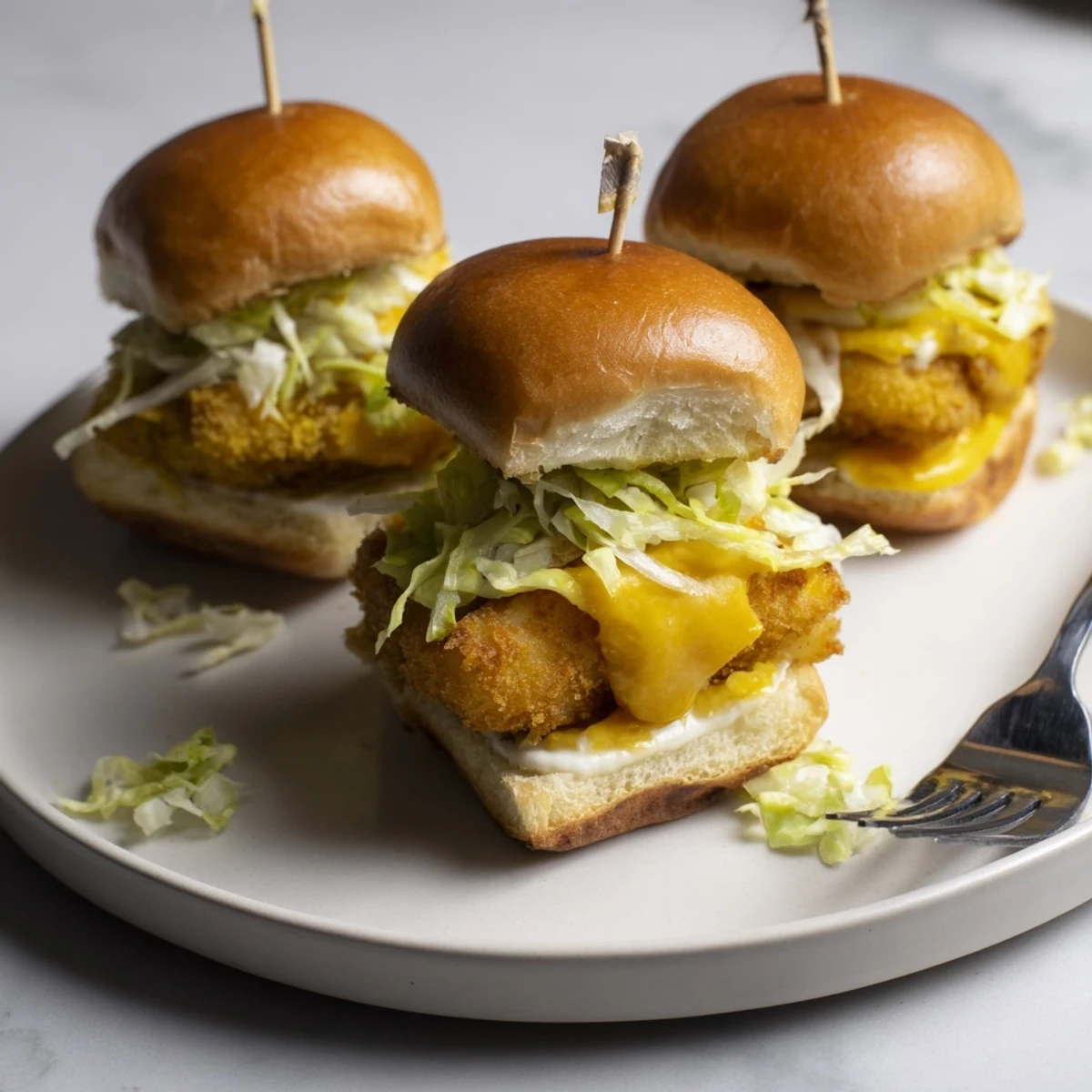 Mini Filet O Fish Sliders arranged on a wooden board with fluffy buns and fresh lettuce